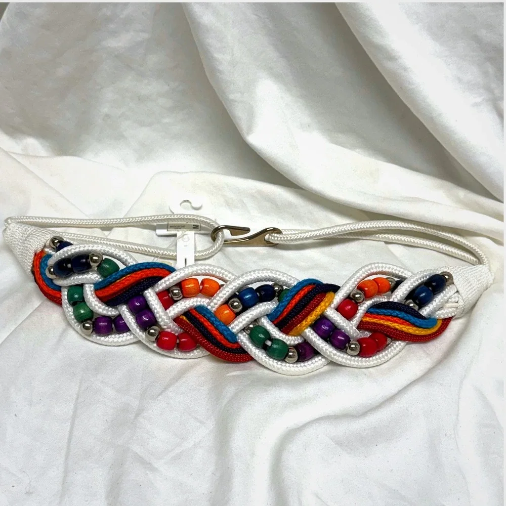 Leather Shop Accessories Vintage Braided Rope Bead Belt White Multi Color Medium